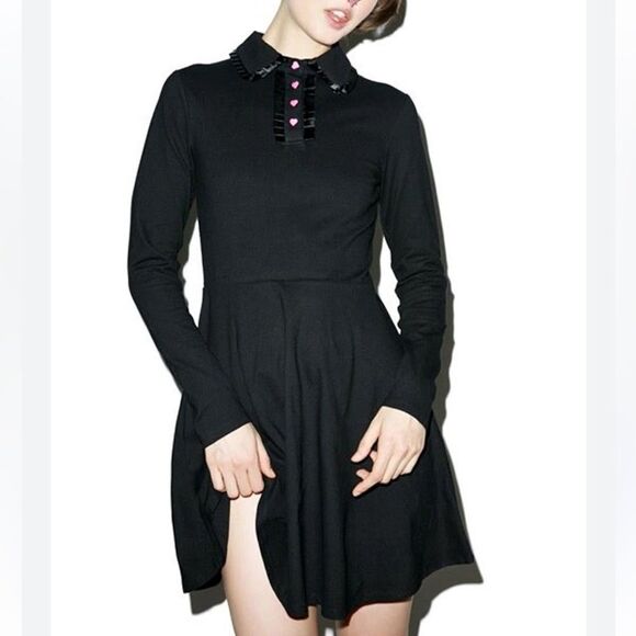Lazy Oaf Black Collared Heart Button Shirt Dress Women’s Small - Picture 1 of 5